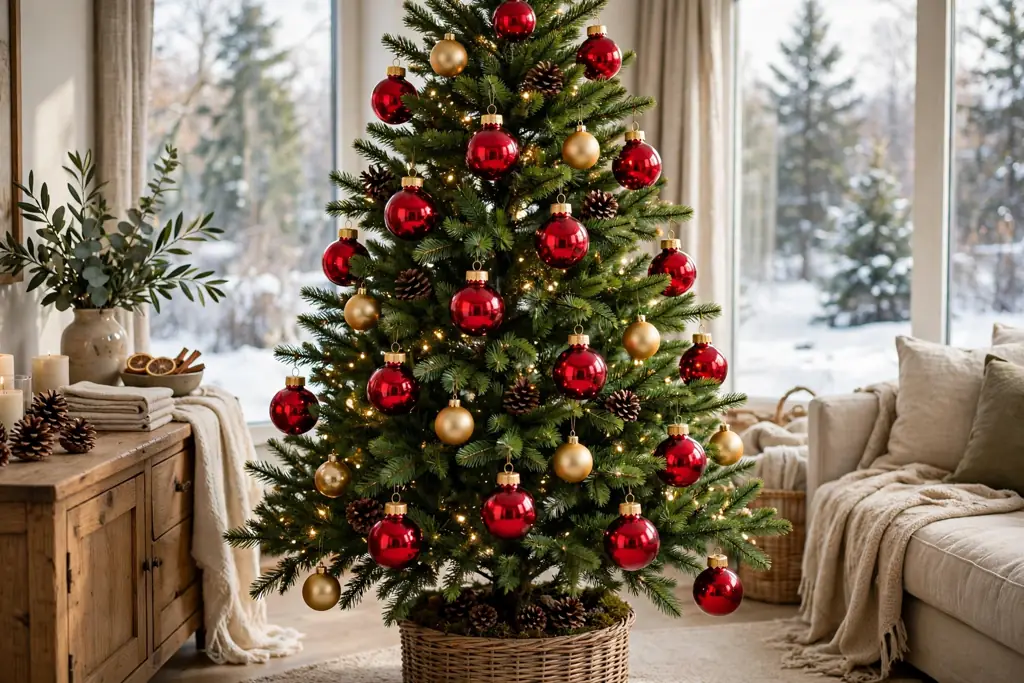 Green tree decorated with red glass baubles with gold caps.