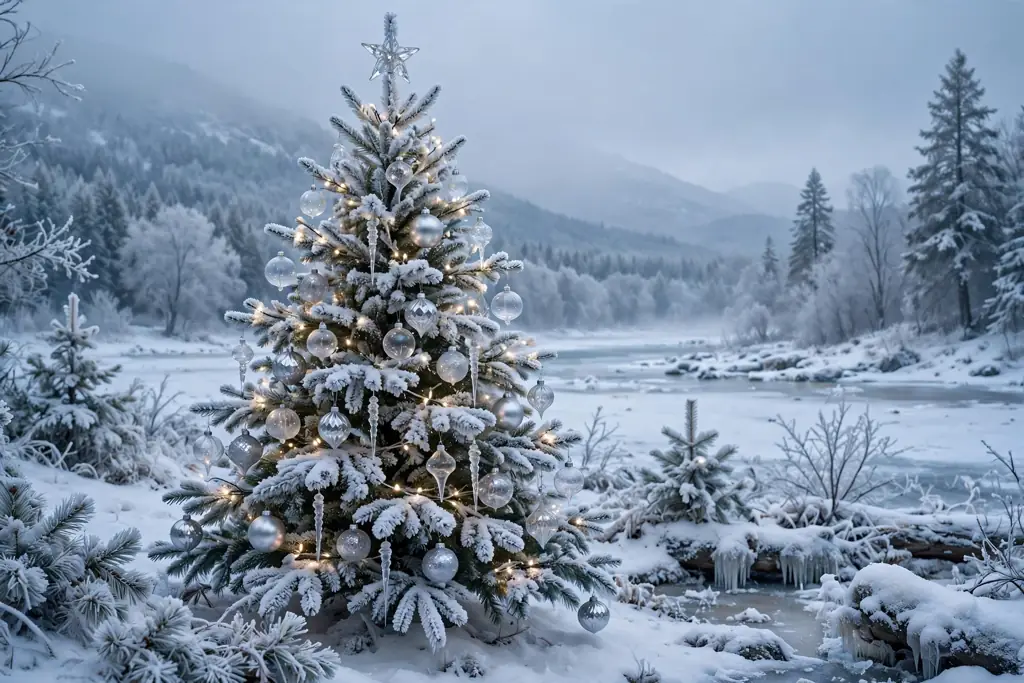 Flocked tree decorated with clear and silver glass ornaments.