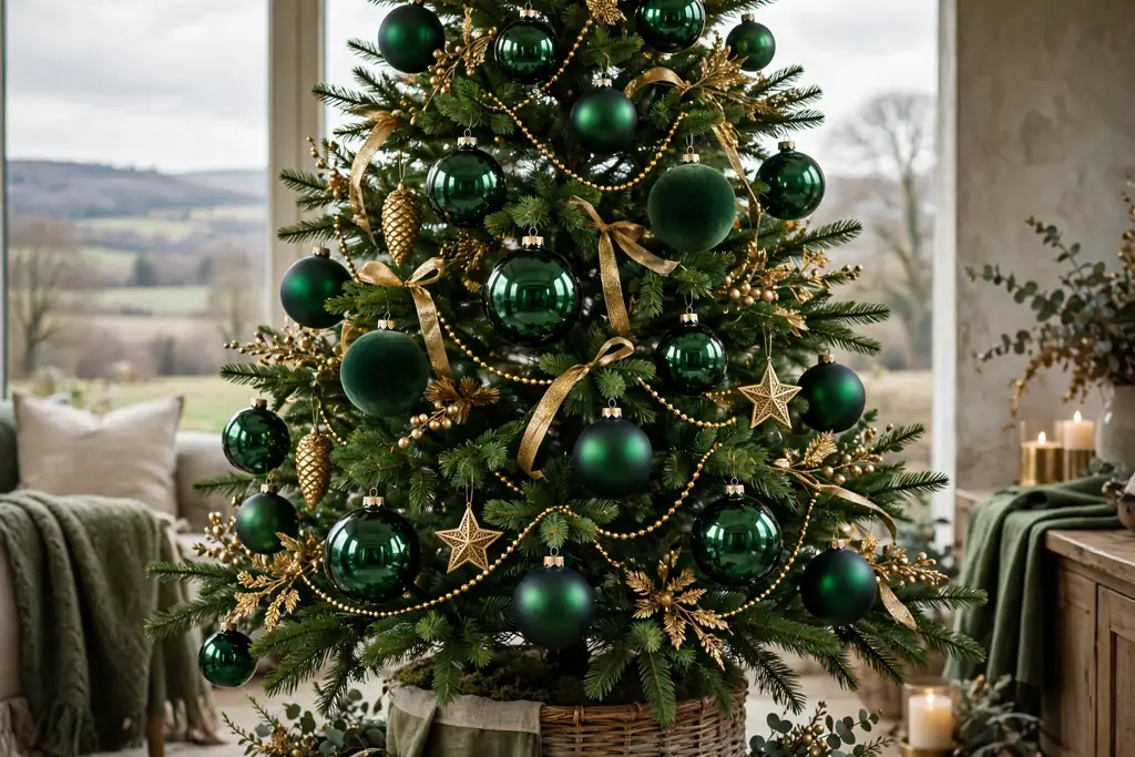 Green tree decorated with deep green jewel tone glass balls.