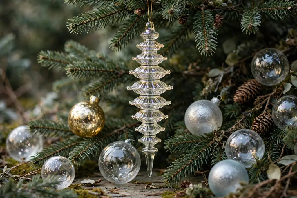 Tree branch with a long glass finial ornament among round balls.