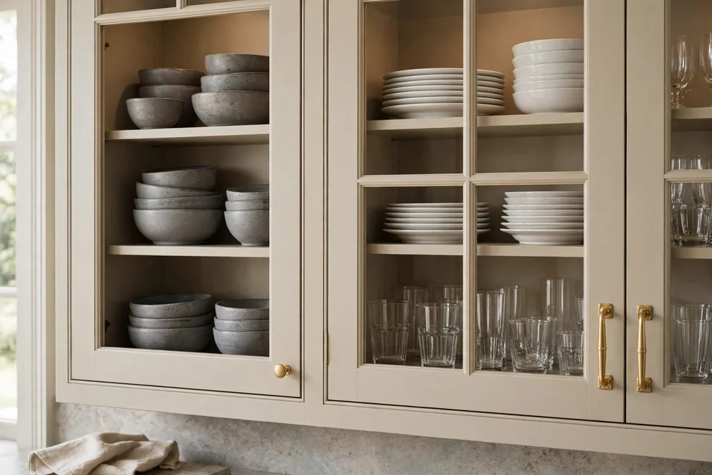 Glass front beige cabinets showing grey stoneware and white dishes.