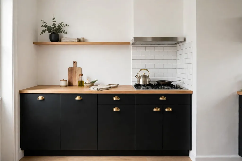Small kitchen with matte black base cabinets, brass cup pulls, and a light wood countertop.