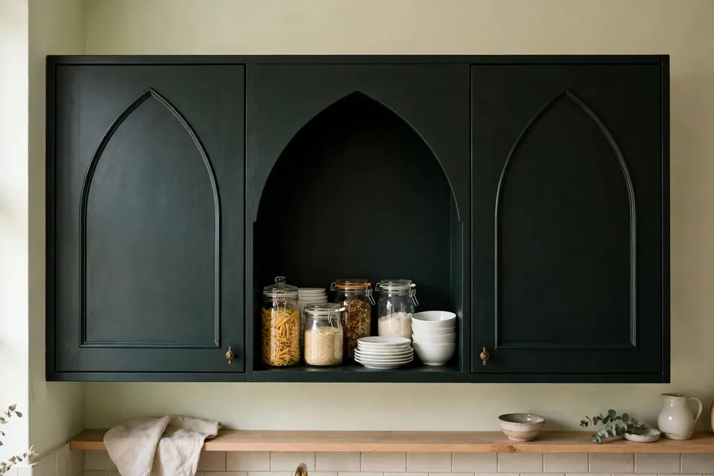 Kitchen upper cabinets with pointed arch door panels in deep green-black, with one open arch niche.