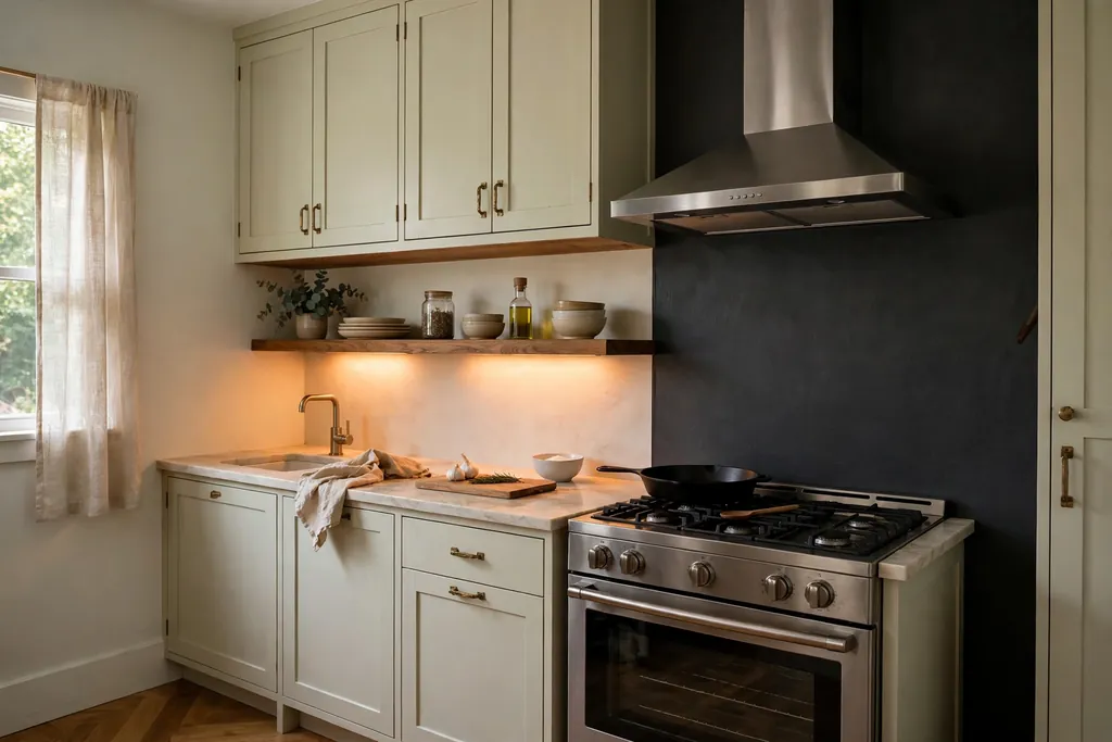 Small kitchen with one dark charcoal accent wall, pale cabinets, and warm under-cabinet lighting.