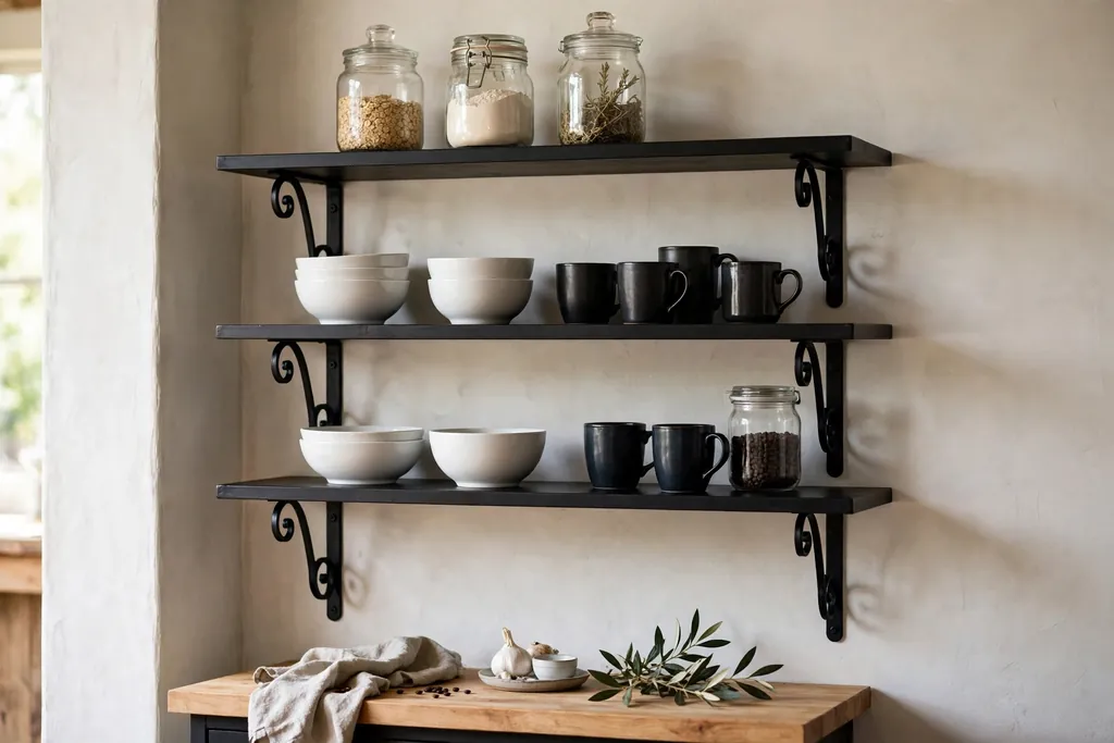 Black open kitchen shelves on wrought iron brackets holding white bowls, dark mugs, and glass jars.