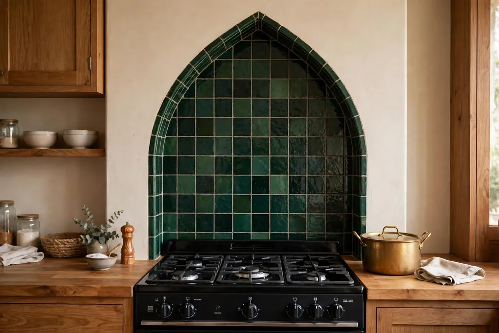 Kitchen stove wall with a pointed arch tile panel in dark green tiles behind a black range.