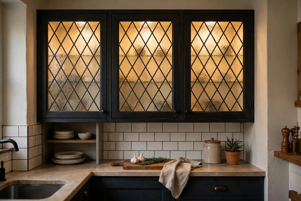 Kitchen wall cabinets with leaded textured glass doors in a diamond pattern and dark frames.