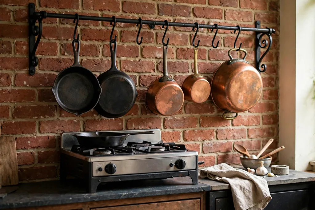 Black wrought iron rail with hooks holding cast iron pans and copper pots above a small stove.
