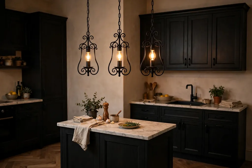 Small kitchen island with black iron candle-style pendant lights and warm glowing bulbs.