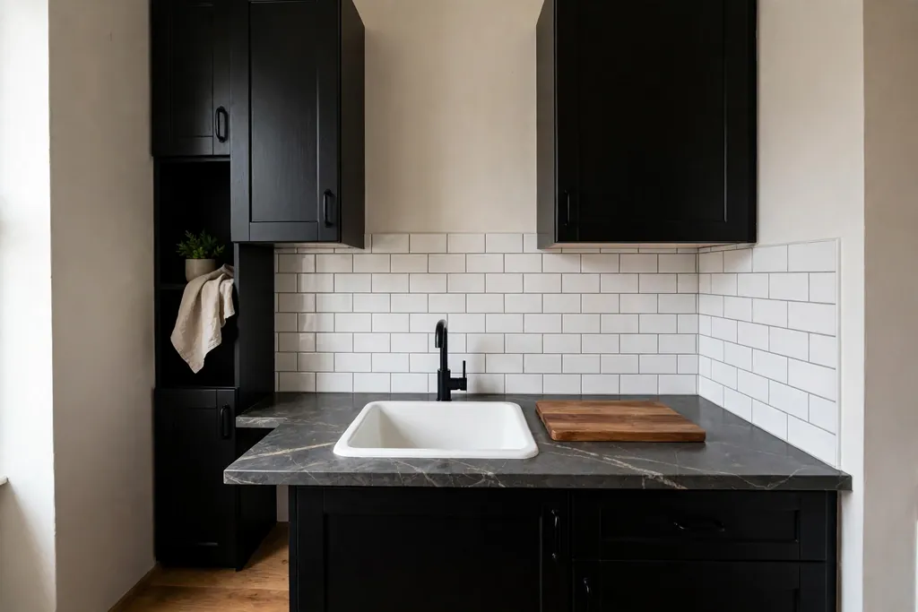 Small kitchen with a dark grey stone countertop with pale veining, black cabinets, and a white sink.