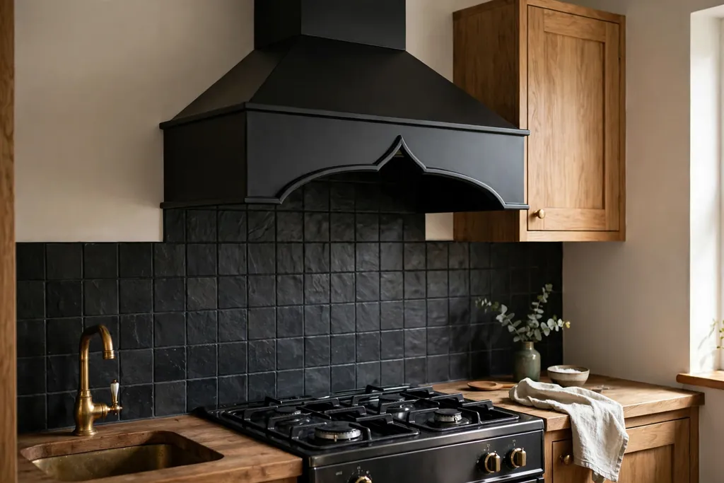 Small kitchen stove with a matte black range hood with pointed arch trim and a dark tile backsplash.