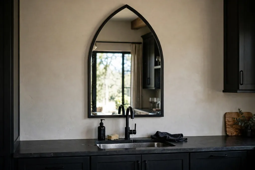 Kitchen sink wall with a tall pointed arch mirror in a black frame above the sink.