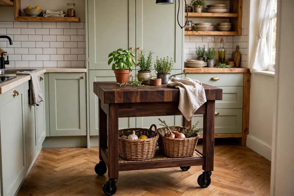 Dark wood butcher block island on black caster wheels in a compact kitchen, with a basket shelf below.