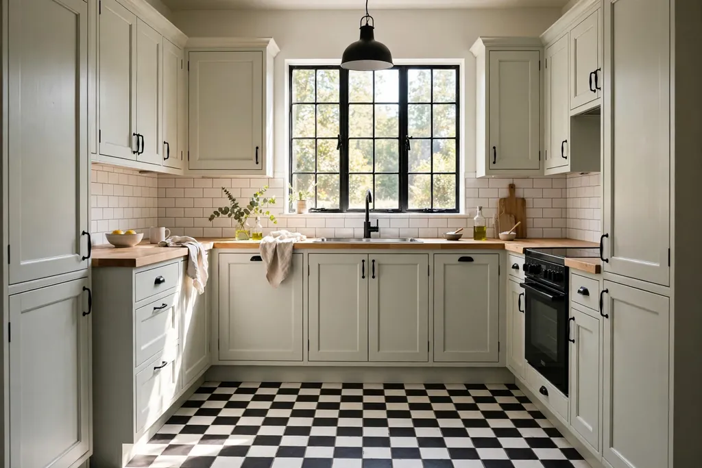 Small kitchen with a black and white checkerboard tile floor, pale cabinets, and black hardware.