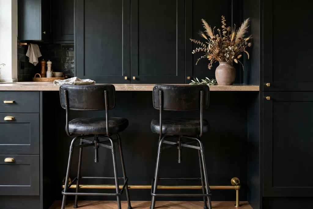 Kitchen counter with two black leather and iron bar stools and a vase of dried stems.