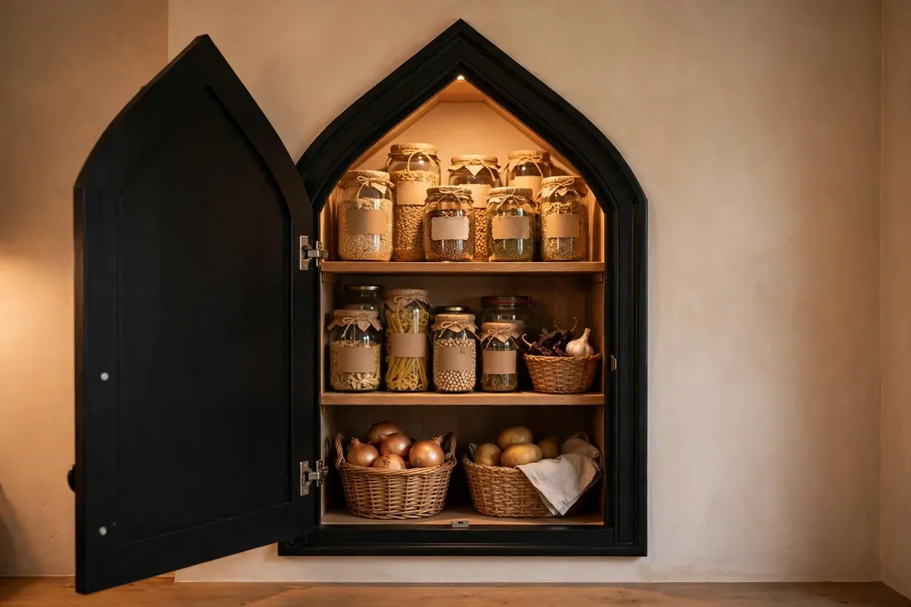 Kitchen pantry cupboard with a pointed arch top frame and black door, with jars and baskets inside.