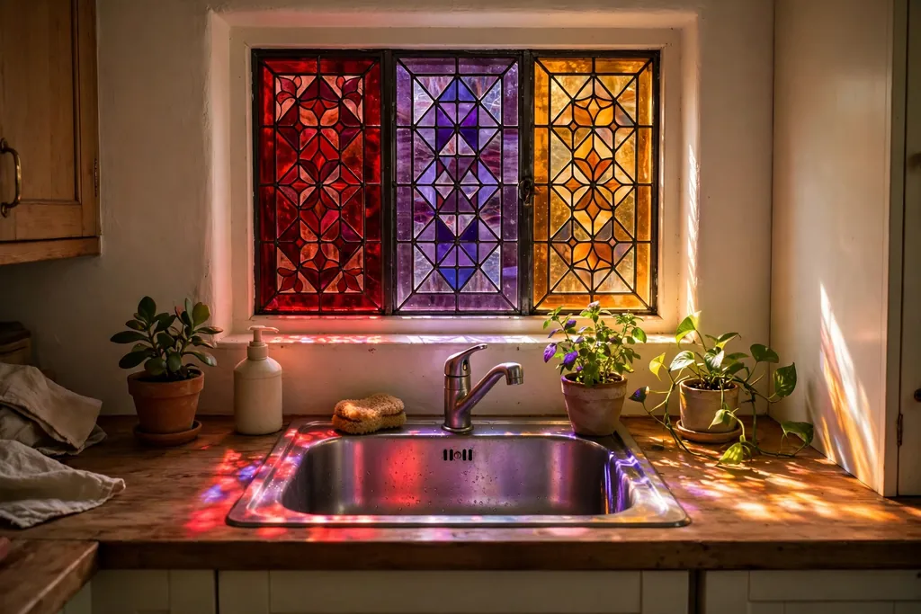 Small kitchen window with deep red, purple, and amber stained glass style panels above a sink.