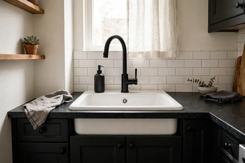 Kitchen sink with a matte black faucet, black cabinet knobs, and a white ceramic sink.