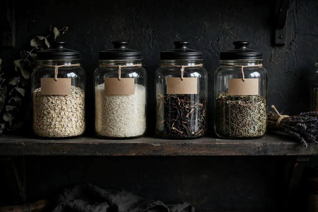 Dark kitchen shelf with vintage apothecary glass jars with black lids holding dry goods.