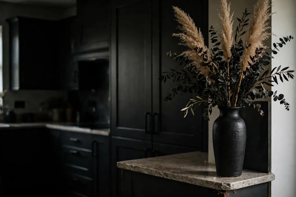 Tall black ceramic vase with dried stems on the end of a small kitchen counter.