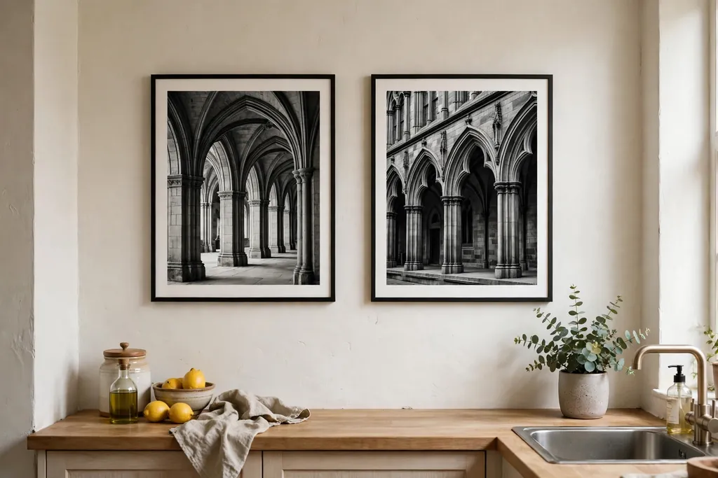 Small kitchen wall with framed black and white architectural prints of gothic arches above a counter.
