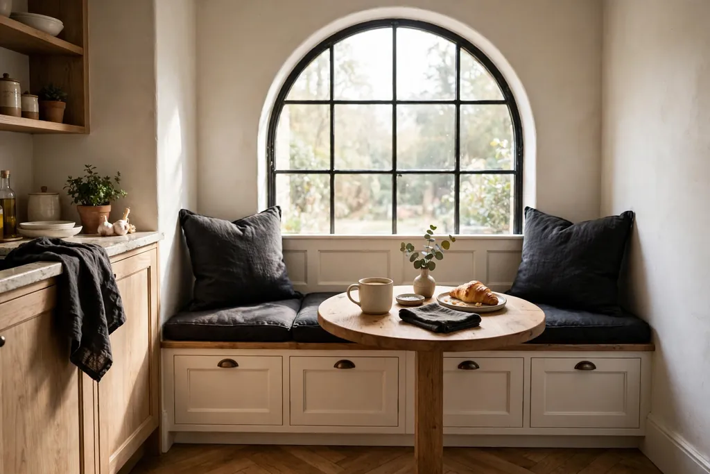Tiny kitchen breakfast nook with a built-in storage bench, dark cushions, and a small round wood table.