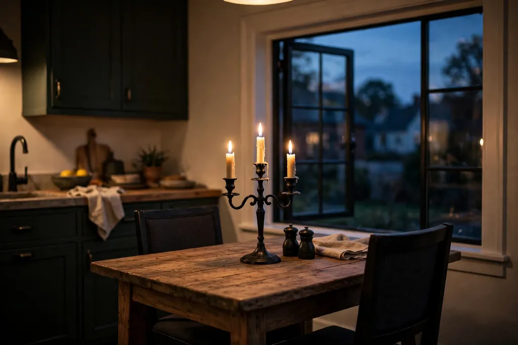 Small kitchen dining corner at dusk with a black iron candelabra with lit candles on a wood table.