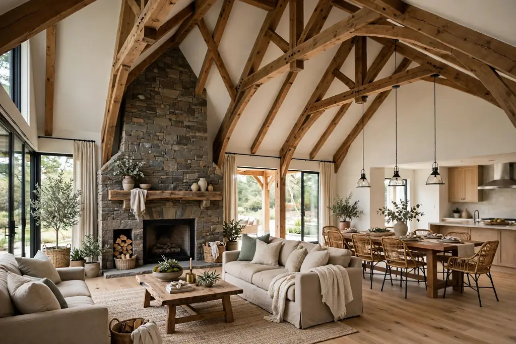 Open great room with a tall vaulted ceiling, a stone fireplace, and seating and dining zones on one open floor.