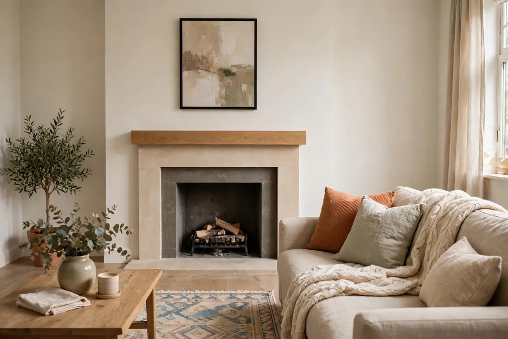 Living room with a simple fireplace mantel, art above it, a rug, cushions, and a throw on the sofa.