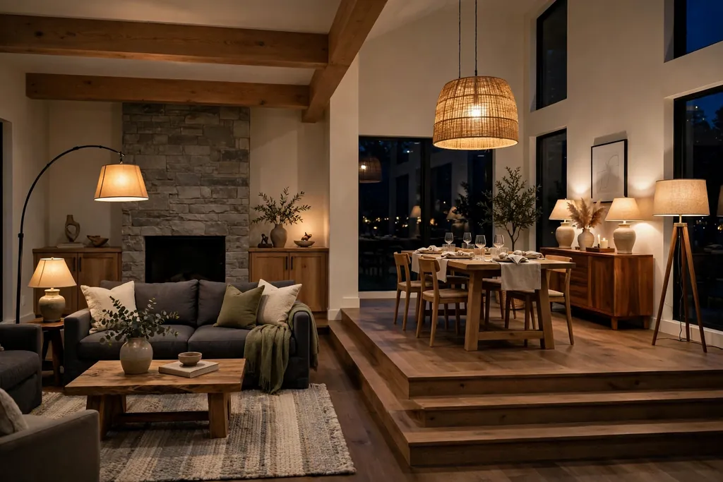 Great room in the evening with pendant light, table lamps, and floor lamps lighting seating and dining zones.