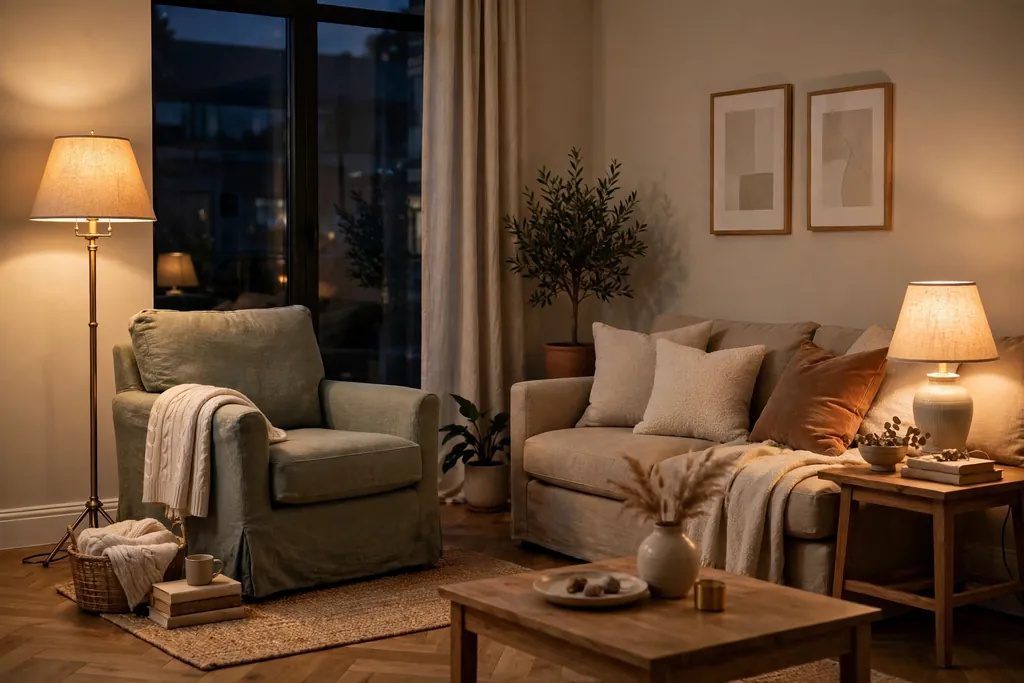 Standard living room in the evening with a floor lamp beside a reading chair and a table lamp beside the sofa.