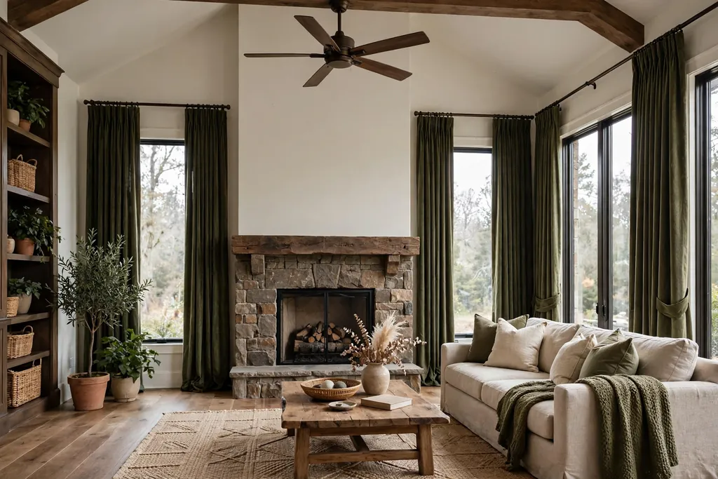 Great room with a ceiling fan, a fireplace, and heavy curtains on tall windows.