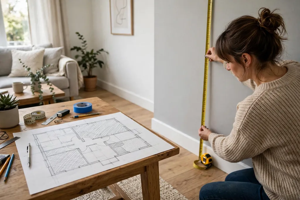 Person measuring a living room wall with a tape measure beside a sketched floor plan with marked zones.