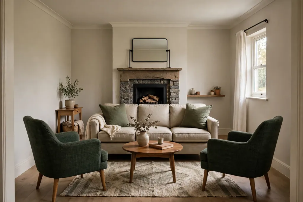 Smaller separate living room with a standard ceiling, a sofa facing a fireplace, and two chairs for conversation.