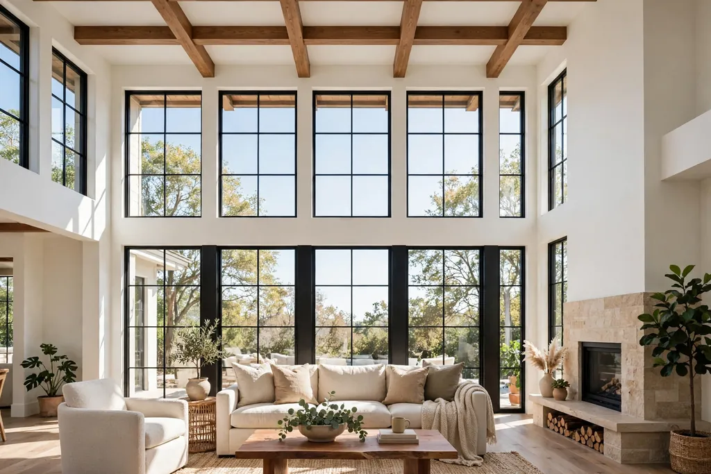 Great room wall with tall two story windows showing high ceilings above a seating area.
