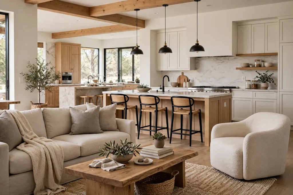 Open plan great room flowing into a kitchen, with seating in the foreground and a kitchen island beyond.