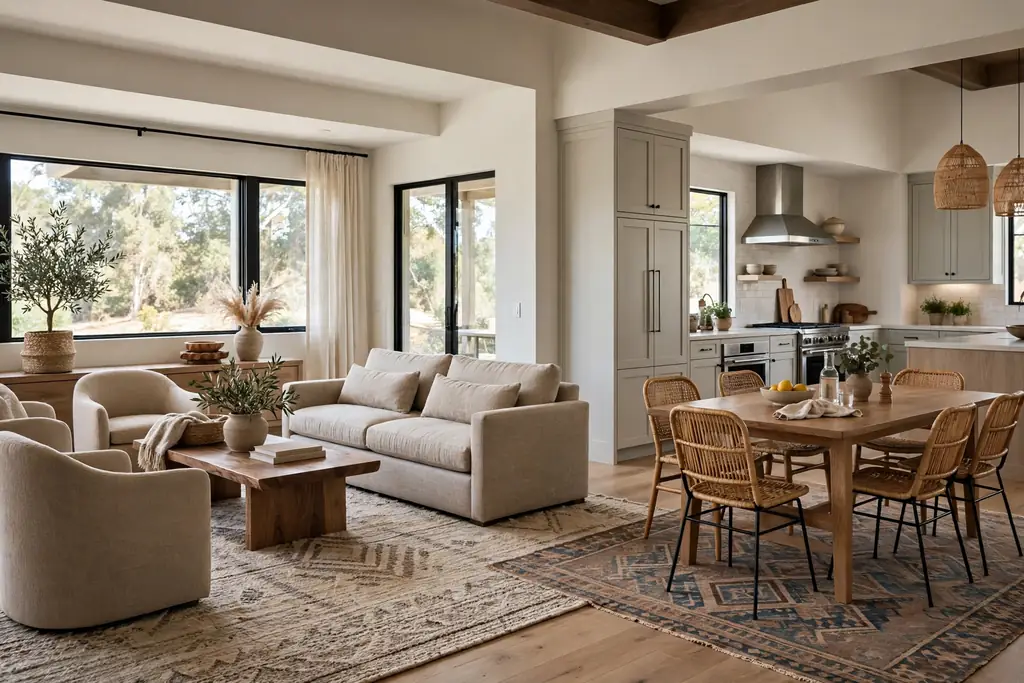 Great room with zones marked by rugs, a seating group on one rug and a dining table on another rug.