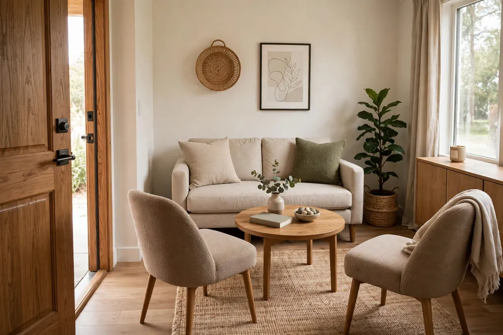 Compact living room layout with a sofa, two chairs, a coffee table, and a clear walkway from the door.
