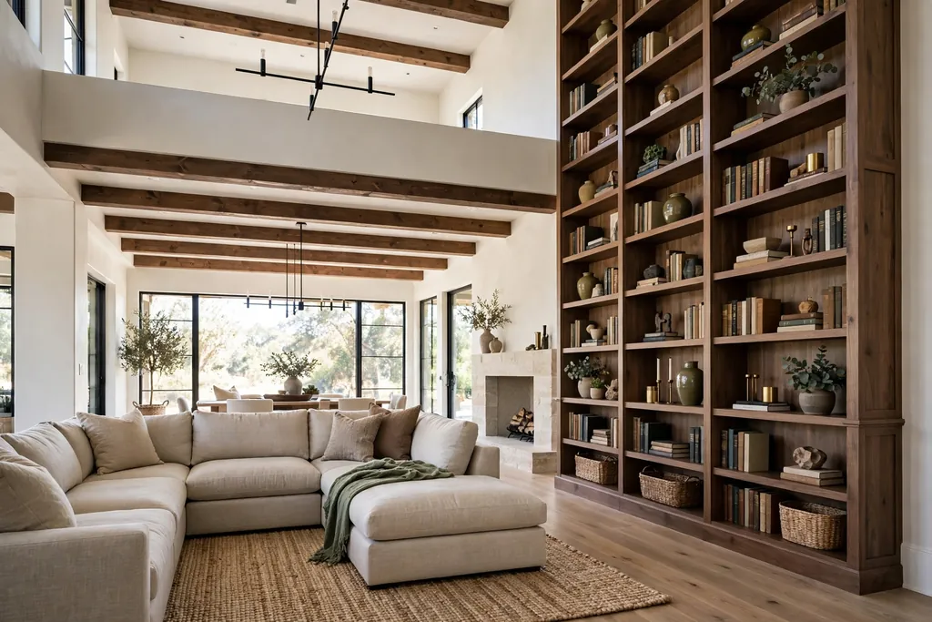 Large sectional sofa and tall bookcase in a great room with a high ceiling.
