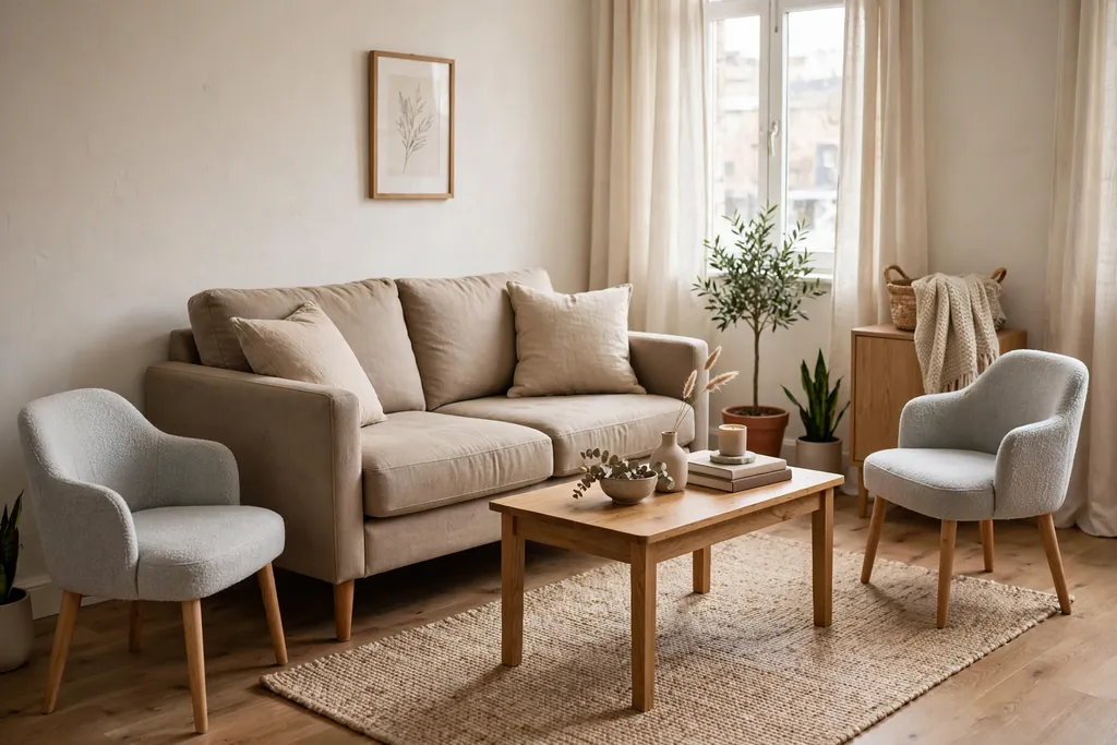 Apartment scale sofa and small chairs in a standard living room with a coffee table sized to the sofa.