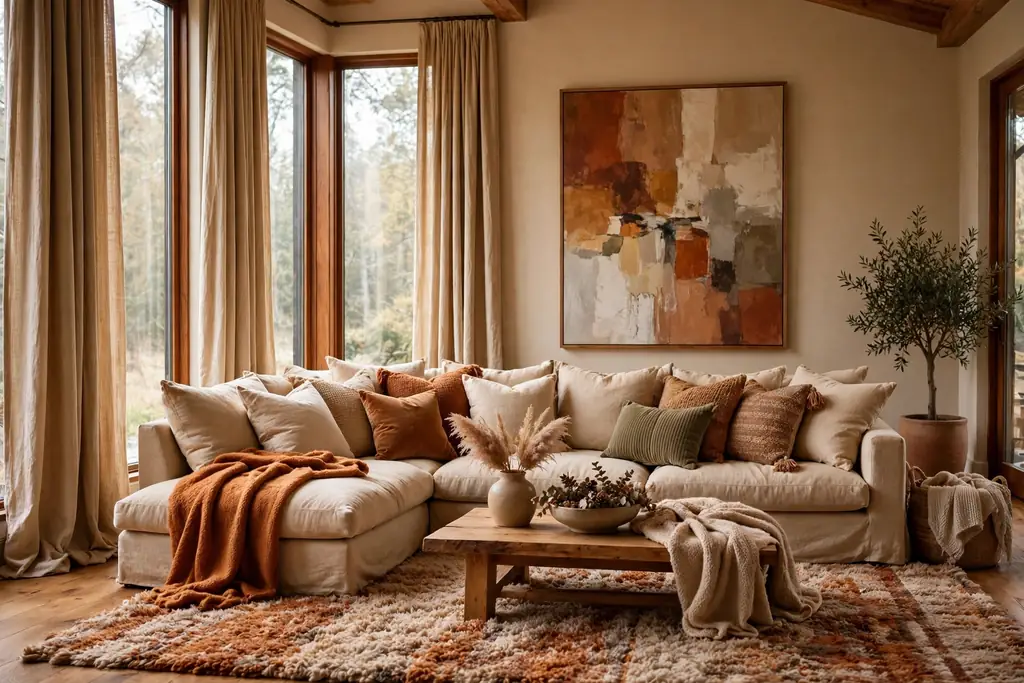 Great room decorated for warmth with long curtains on tall windows, large art, and a thick rug.