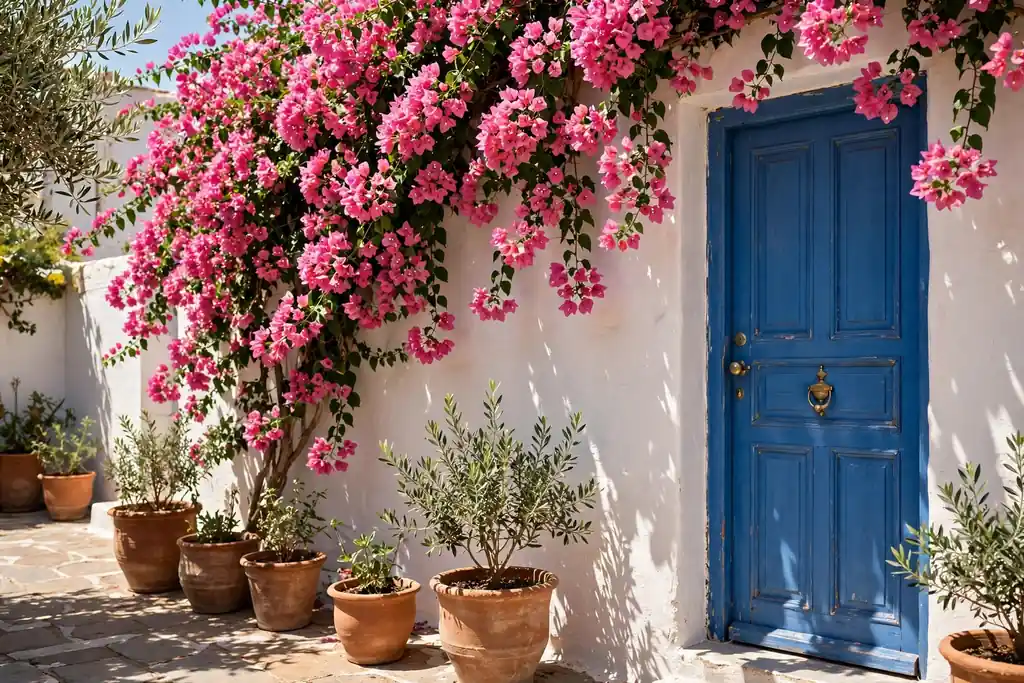 Bougainvillea with pink flowers over whitewashed courtyard walls beside a blue door