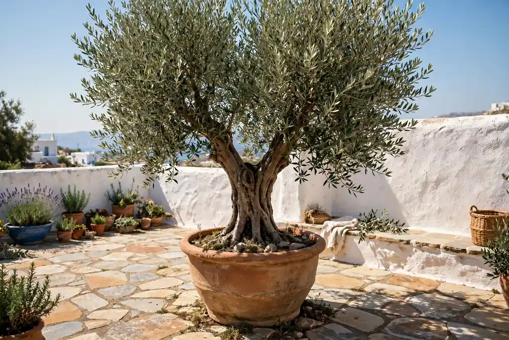 Olive tree in a large terracotta pot on a sunny stone terrace