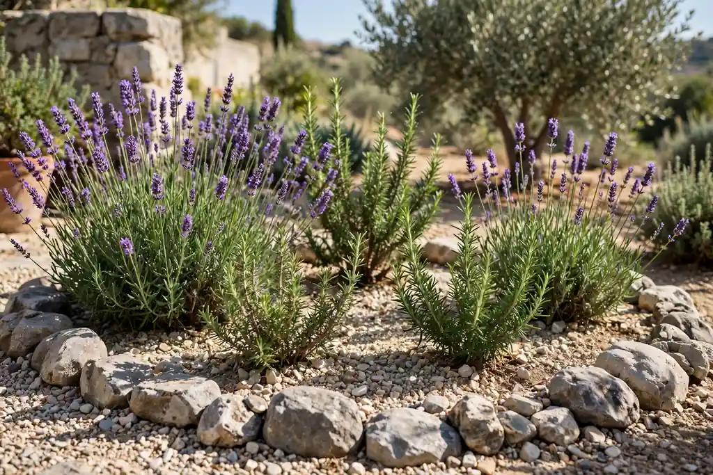 Lavender and rosemary planted in a gravel garden bed