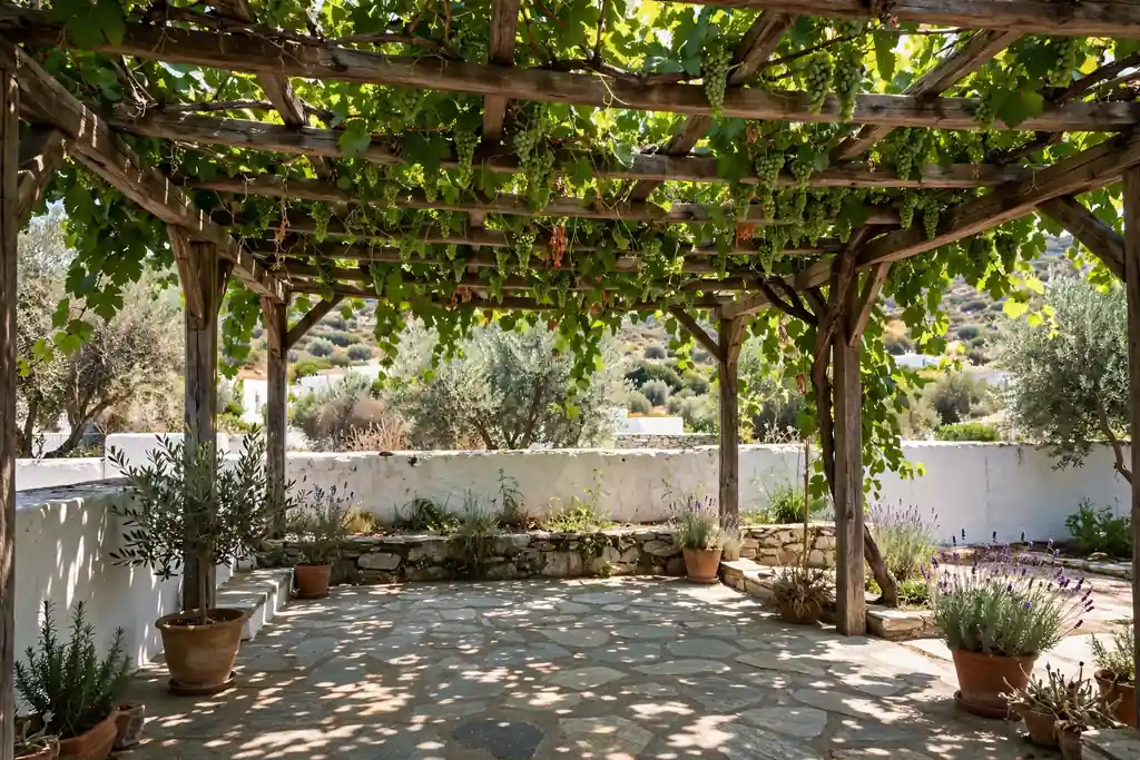 Grapevine growing over a wooden pergola casting dappled shade