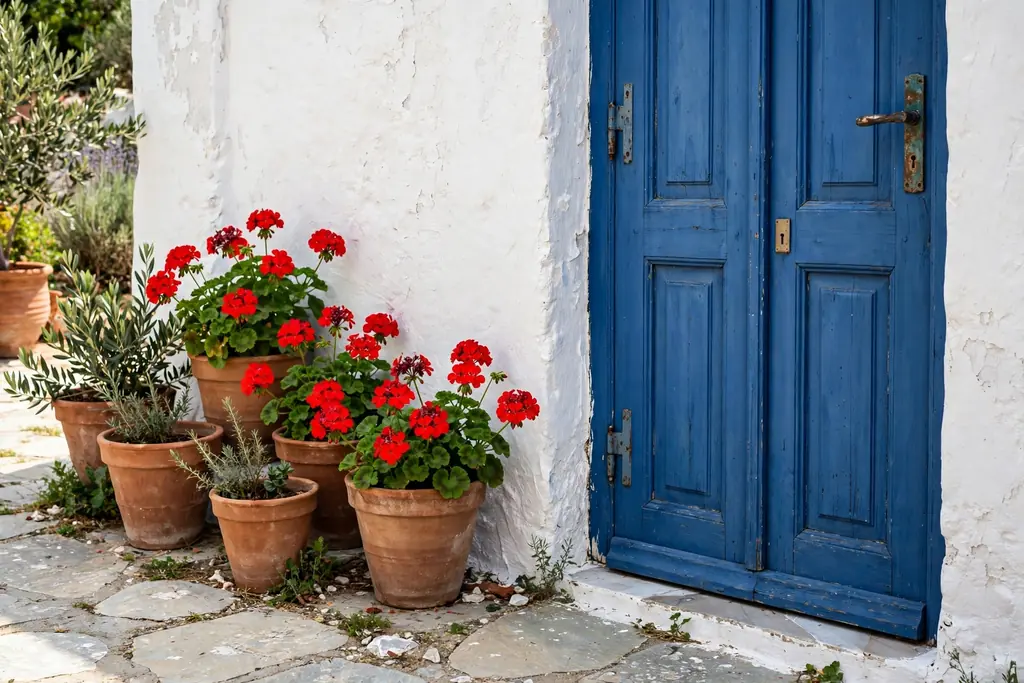 Terracotta pots of red geraniums beside a blue painted door
