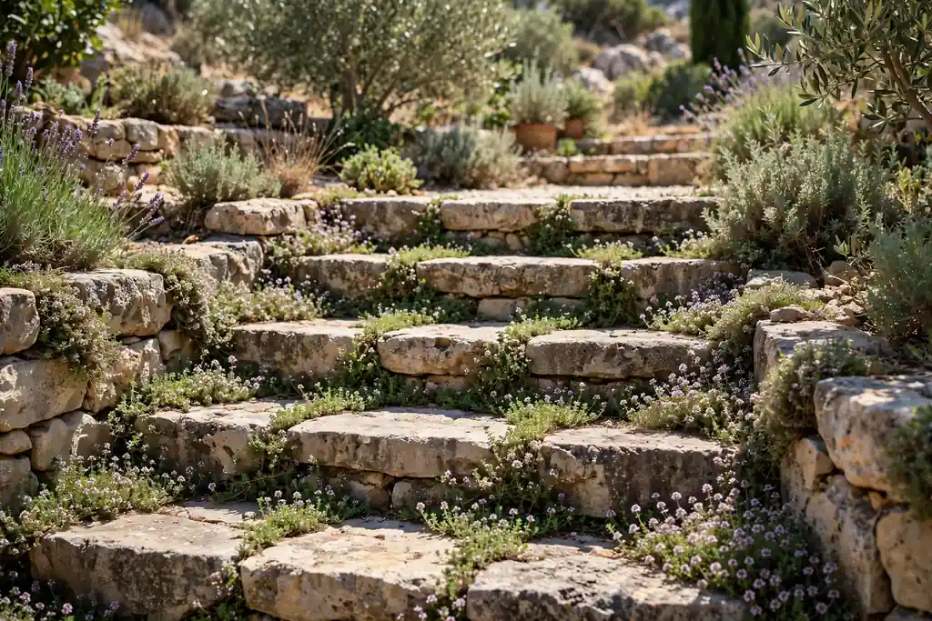 Stone garden steps with creeping thyme growing between the joints