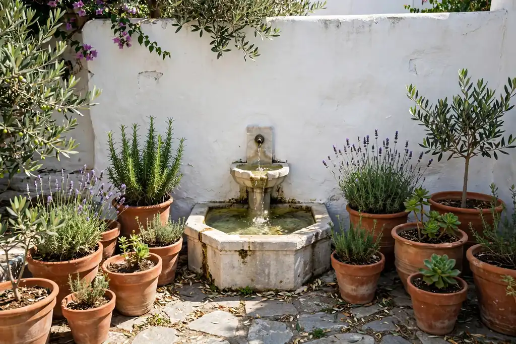 Small courtyard fountain against a whitewashed wall surrounded by terracotta pots