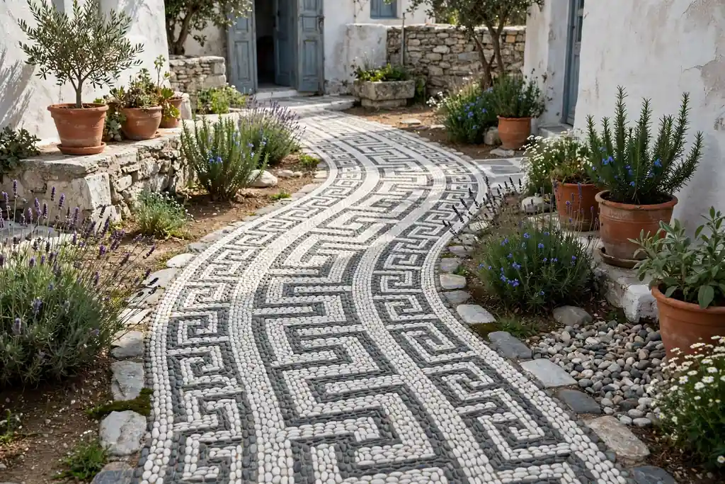 Pebble mosaic path in white and grey stones in a courtyard