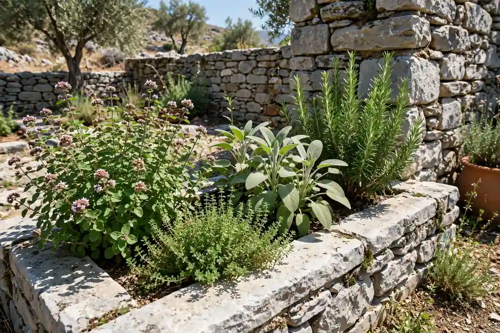 Raised herb bed with oregano thyme sage and rosemary